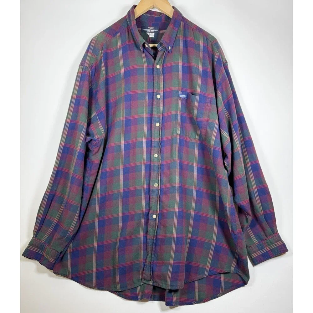 Vintage Guess Georges Marciano Shirt Mens XL Blue Green Plaid Button Up USA 90s‎